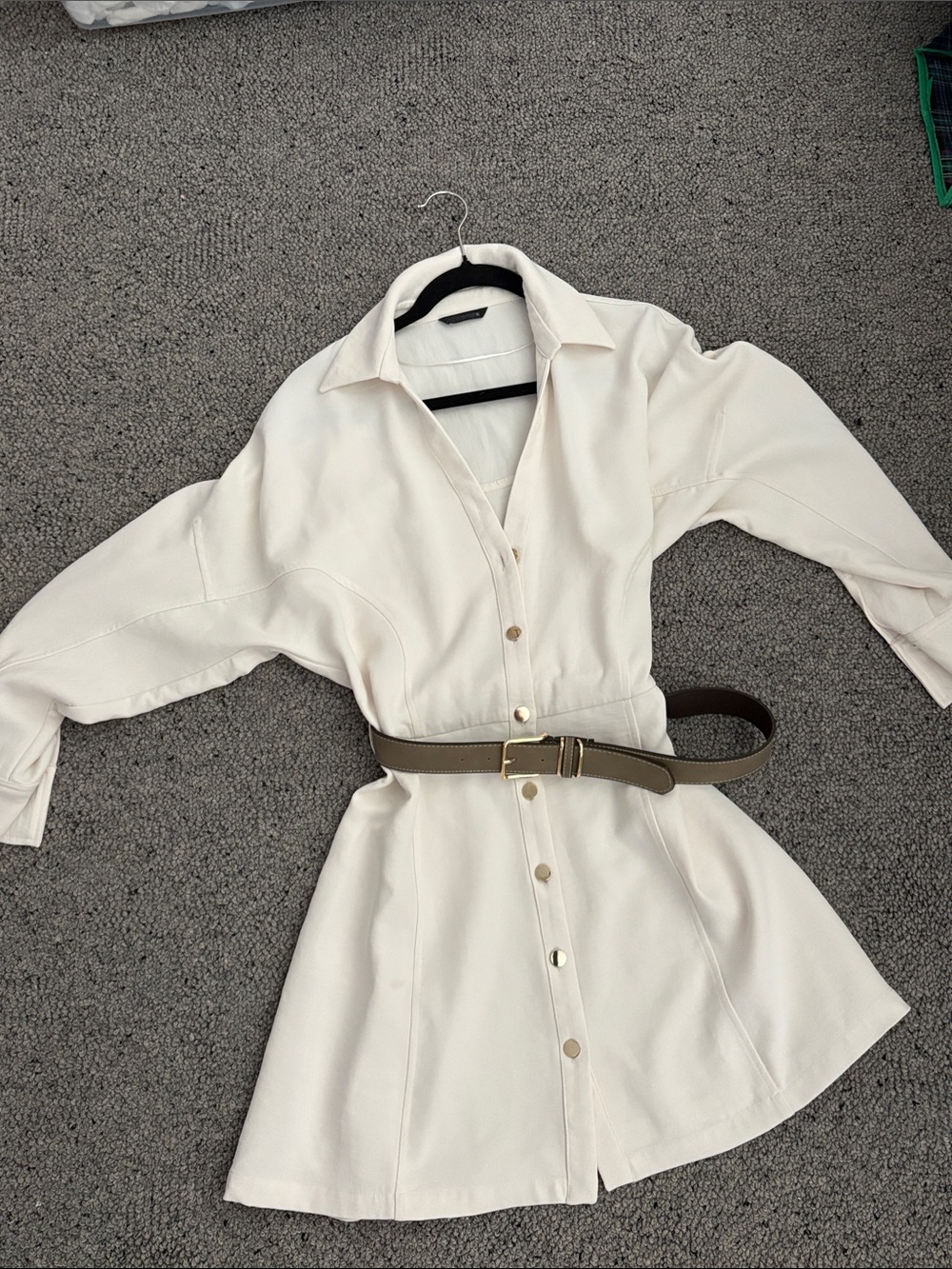 Zara Cream Shirt Mini Dress with Brown Belt